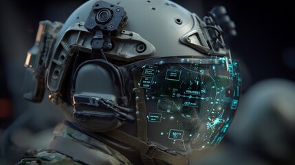 Poster - futuristic military helmet heads-up display (hud) showing icons of communication systems, thermal vi