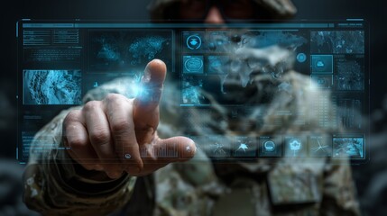 Poster - soldier’s hand operating a holographic touchscreen showing military technology icons such as satelli
