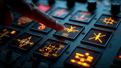 Poster - close-up of a battlefield digital control panel with illuminated icons for airstrikes, electronic wa