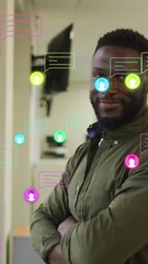 Poster - Animation of profile and message icons over african american man with crossed arms smiling at office