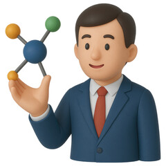 Poster - A 3D model of a businessman holding a molecule model illustrating connection networking collaboration concepts