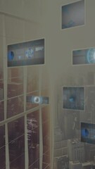 Poster - Animation of round scanners and data processing against aerial view of cityscape