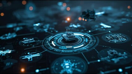 Poster - futuristic military command interface with glowing digital icons of missiles, drones, radar, and arm