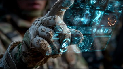 Poster - soldier’s hand operating a holographic touchscreen showing military technology icons such as satelli