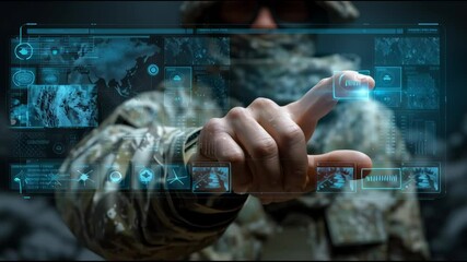 Poster - soldier’s hand operating a holographic touchscreen showing military technology icons such as satelli