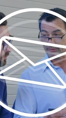 Poster - Animation of message icon against diverse colleagues discussing together at office