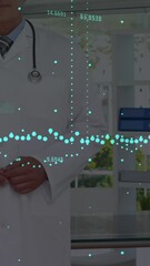 Poster - Animation of graphs with changing numbers over smiling caucasian doctor standing in hospital