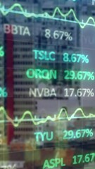 Poster - Animation of trading board over graph against aerial view of modern buildings in background