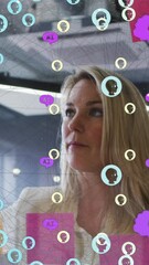 Poster - Animation of connected people and ai icons over diverse woman with man sticking note on glass wall