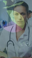 Poster - Animation of infographic interface over doctor with notepad standing in hospital