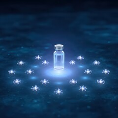 Poster - Glass vial surrounded by glowing virus particles on a dark blue background representing medical science and healthcare concepts