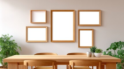 Aufkleber - Contemporary Minimalist Interior with Empty Picture Frames on Wall Above Wooden Dining Table and Green Plants in Modern Space