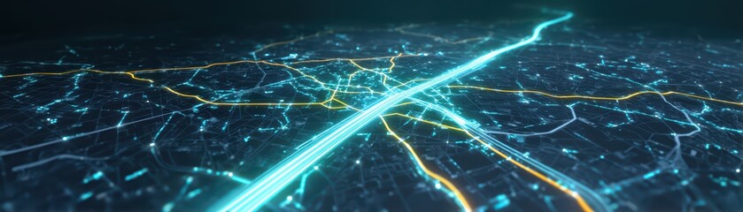 Poster - Futuristic cityscape with illuminated road network and glowing data lines in digital format highlighting urban development