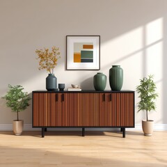 Poster - Modern Living Room with Stylish Cabinet, Green Plants, and Artistic Wall Frame for Contemporary Interior Design Inspiration