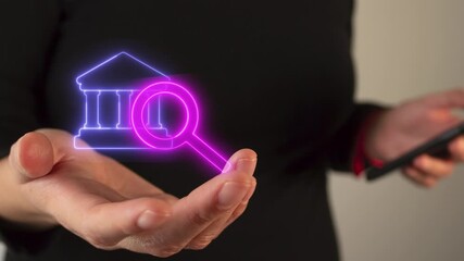 Poster - Person's hand holding a virtual bank bag icon with a magnifying glass