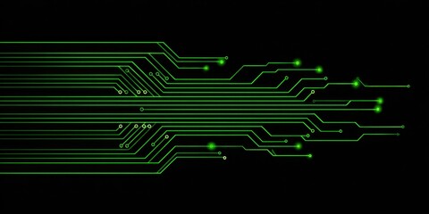 Poster - A minimalist vector graphic design of green circuit lines on a black background, symbolizing technology and the flow of digital information Generative AI