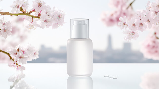 Bottle of lotion on a reflective surface surrounded by cherry blossoms with pills nearby. Concept: skincare and beauty in a natural setting