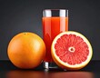 grapefruit and Glass with fresh grapefruit juice on black background