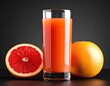 grapefruit and Glass with fresh grapefruit juice on black background