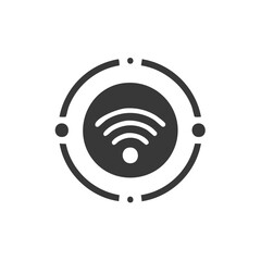 Poster - Wireless connection icon centered in digital targeting scope on a solid dark background emphasizing communication technology and network security