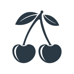 Poster - Minimalist Cherry Duo on Stem with Leaves Against Black Background Fruit Icon