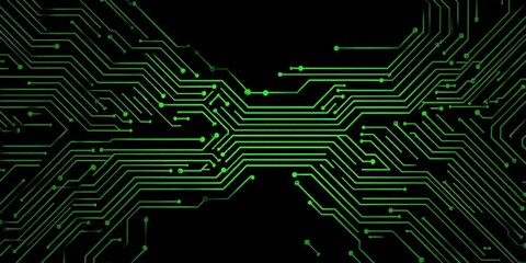 Poster - A minimalist circuit pattern in green on a black background, representing advanced technology and data transfer with digital lines Generative AI