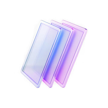 Three translucent glass rectangles with iridescent gradient colors isolated on transparent background
