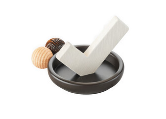 Fototapete - White check mark symbol in a dark bowl with two round objects isolated on transparent background
