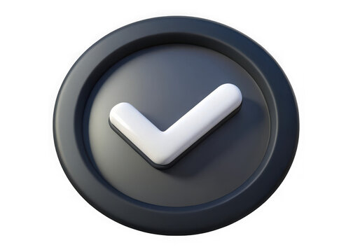 Realistic 3d rendered white check mark inside a dark gray circular button isolated on transparent background