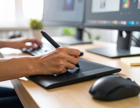 Closeup Of Hands Using Digital Graphic Tablet