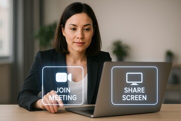 Poster - Businesswoman video conference call online meeting laptop screen share technology communication work