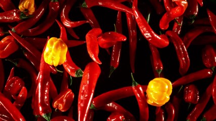 Aufkleber - Super slow motion of flying red hot chilli peppers isolated on black background. Overhead view, filmed on high speed cinema camera, 1000 fps. Ultimate perspective of flying food. Speed ramp effect.