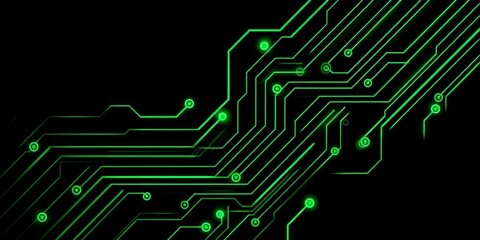 Poster - Green circuit lines on a black background, a flat design with simple shapes, a vector graphic with a tech and digital theme Generative AI