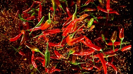 Aufkleber - Super slow motion of flying red hot chilli peppers isolated on black background. Overhead view, filmed on high speed cinema camera, 1000 fps. Ultimate perspective of flying food. Speed ramp effect.