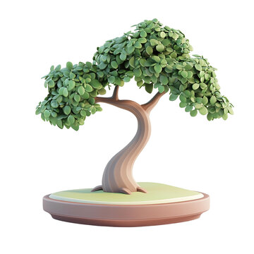 Three-dimensional bonsai tree on a circular base isolated on transparent background.
