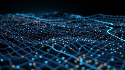 Poster - Digital network map with glowing blue lines and dots on a dark background