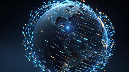 Poster - Digital earth globe with glowing lights and trails on a dark blue background