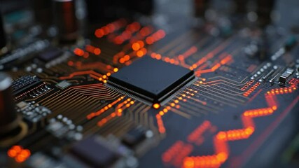Poster - Close up view of a microchip with orange glowing traces on a circuit board