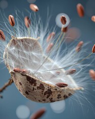 Wall Mural - A milkweed pod opening, releasing silky seeds into the wind.