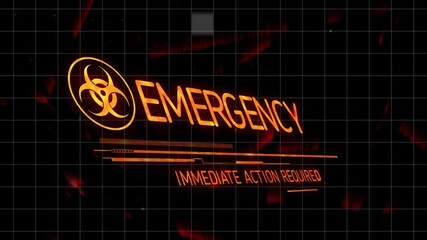 Poster - Glitching grid sparking biohazard symbol rotating, sliding text morphing into urgent action alert