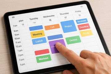 Poster - Digital calendar planning with colorful appointments and finger interaction tablet