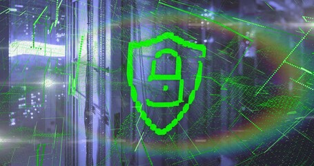 Poster - Green particle wave traversing racks causing shield morphing into locked padlock for security