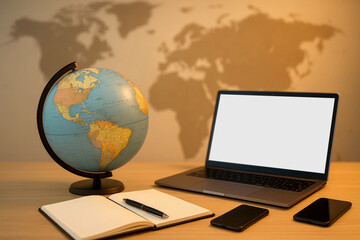 Poster - Globe laptop notebook pen mobile phones on desk image