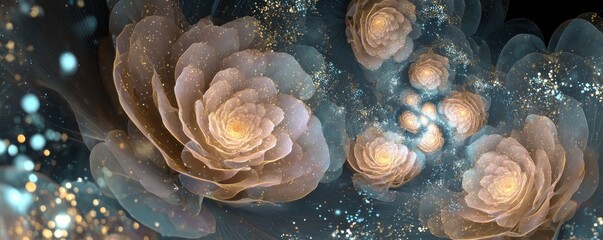 Poster - Abstract floral arrangement featuring layered petals with sparkling accents in a dark setting