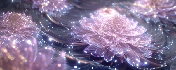 Poster - Close up of several light purple flowers with white sparkles surrounding them on a dark background