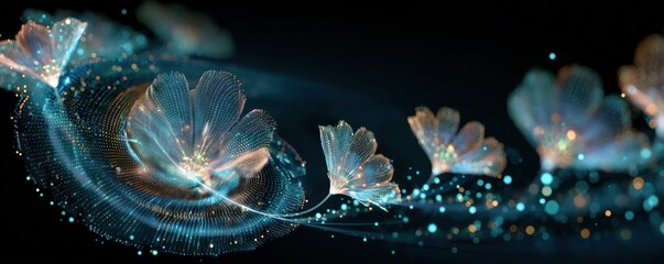 Poster - Abstract glowing flowers with blue and gold particles on a dark background creating a dreamy effect