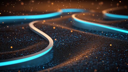 Fototapete - A futuristic landscape with glowing blue pathways and sparkling particles on a dark textured surface