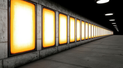 Poster - Long Corridor with Bright Orange Light Panels Illuminating Concrete Walls and Floor in Modern Architectural Space