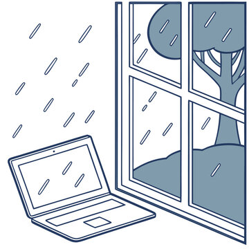Laptop near window with rain falling and tree visible outside in a simple cartoon illustration style