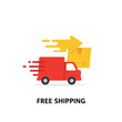 © wisnu - Flat vector of a red delivery truck with motion lines and yellow arrow, labeled “Free Shipping.” Representing express delivery and ecommerce logistic service.